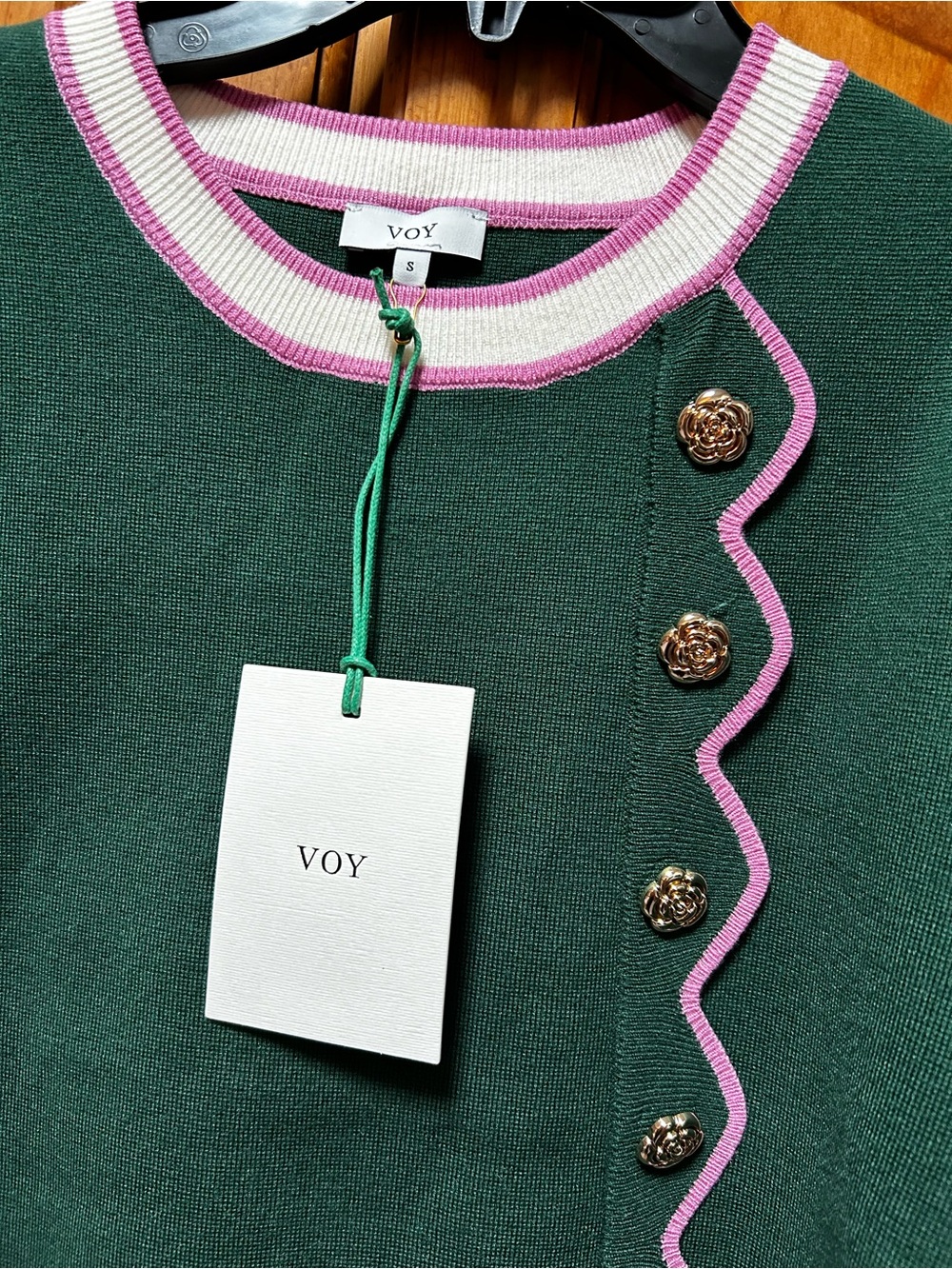 VOY Green Knit Top with Pink Trim and Decorative Buttons